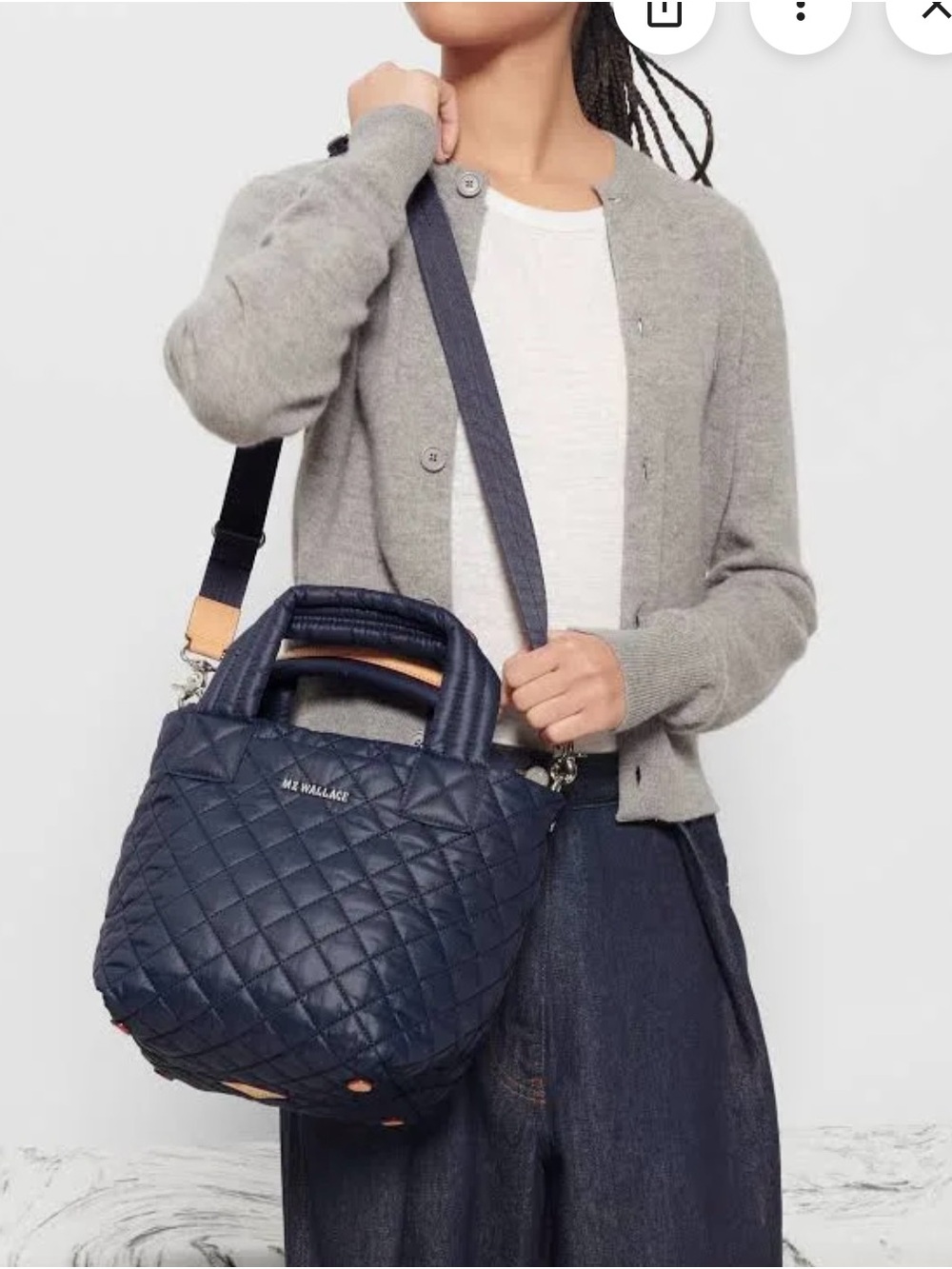 MZ Wallace Quilted Navy Crossbody Metro Tote Deluxe with Leather-Trim Handles